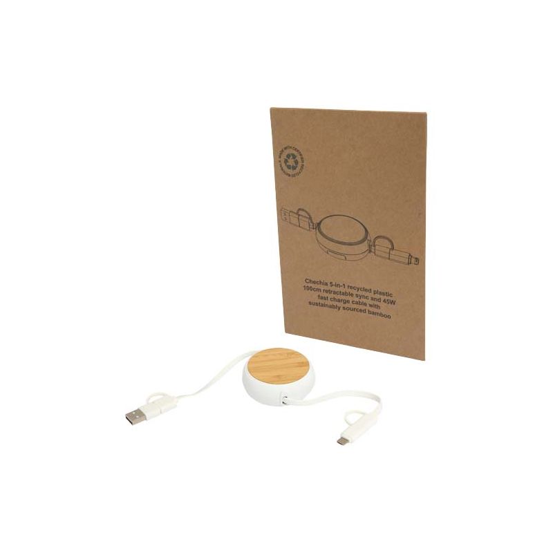 Câble rétractable de synchronisation de données et de charge rapide 45 W de 100 cm en plastique recyclé 5 en 1 avec détails en bambou « Chechia »
