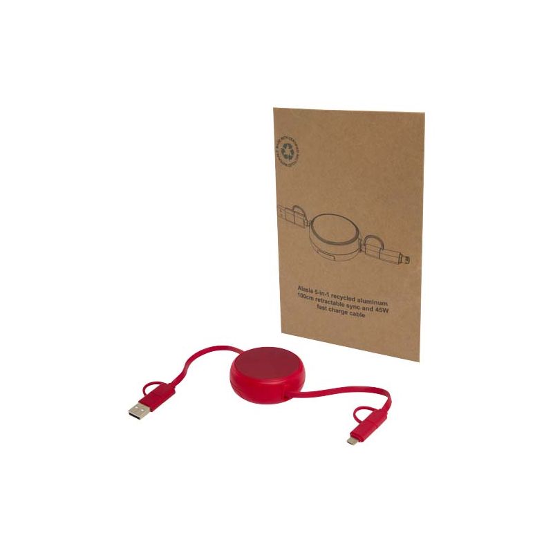 Câble rétractable de synchronisation de données et de charge rapide 45 W, en plastique recyclé et aluminium, 100 cm 5 en 1 "Alasia"