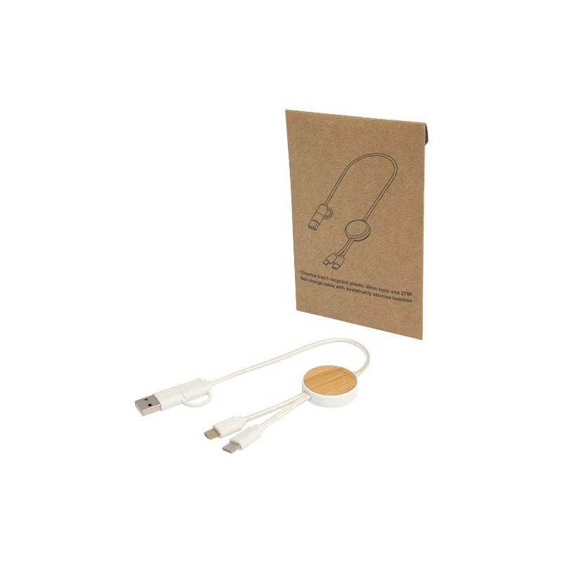 Câble de synchronisation de données et de charge rapide 27 W de 30 cm en plastique recyclé 5 en 1 avec détails en bambou "Chechia"