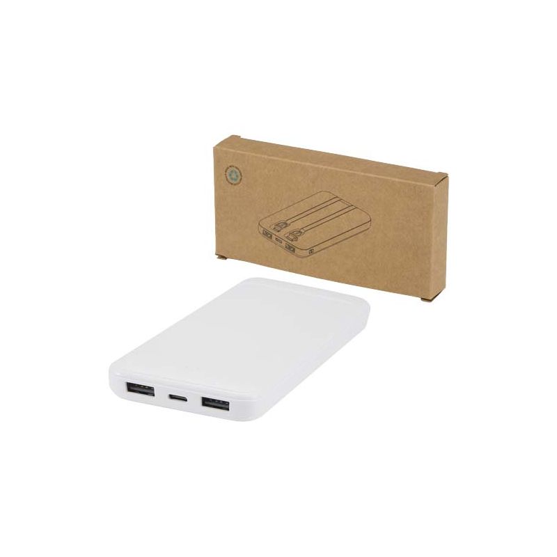 Batterie externe en plastique recyclé de 10 000 mAh et 10 W avec 2 câbles intégrés « Adhil »