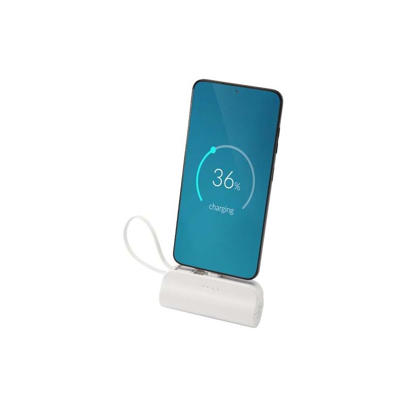 Powerbank USB-C en plastique recyclé de 5 000 mAh et 10 W avec support articulé intégré et câble 2-en-1 "Alnair"