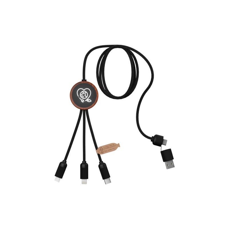 Câble de chargement 40 W à logo lumineux 5 en 1 en RPET avec boîte ronde en bois "SCX.design C37"