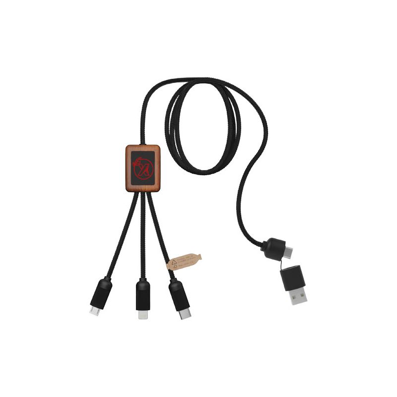 Câble de charge 40 W à logo lumineux RPET 5-en-1 avec boîtier carré en bois "SCX.design C38"