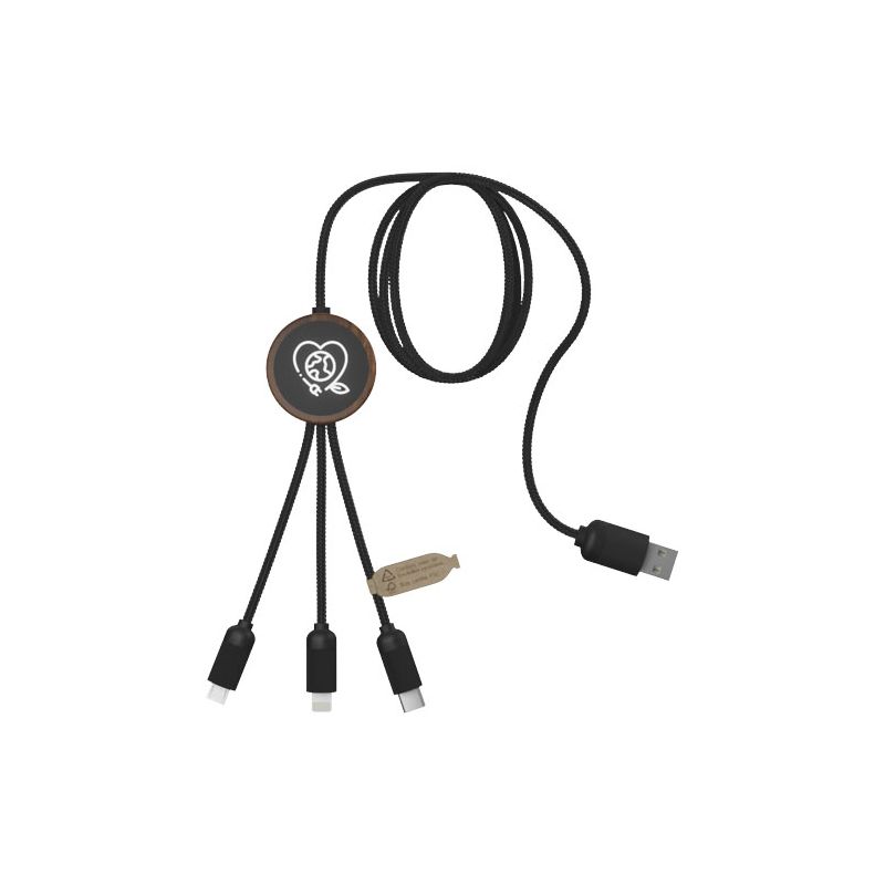 Câble de chargement amélioré avec logo lumineux 3 en 1 en RPET avec boîtier rond en bambou "C36" "SCX.design"