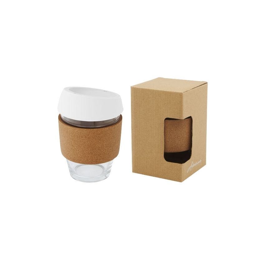 Gobelet isotherme en verre borosilicate de 360 ml avec poignée en liège et couvercle en silicone 