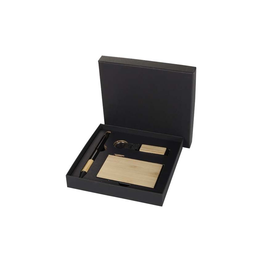 Coffret cadeau avec stylo à bille en aluminium recyclé RCS, porte-clés et porte-cartes RFID 