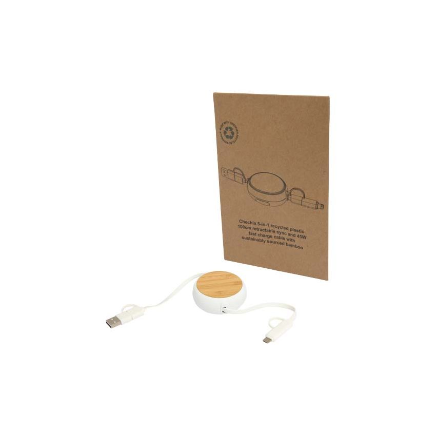 Câble rétractable de synchronisation de données et de charge rapide 45 W de 100 cm en plastique recyclé 5 en 1 avec détails en bambou « Chechia »