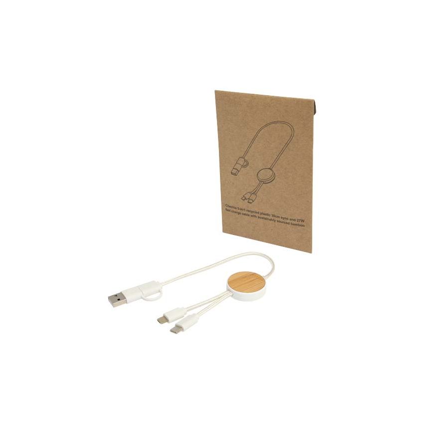 Câble de synchronisation de données et de charge rapide 27 W de 30 cm en plastique recyclé 5 en 1 avec détails en bambou 