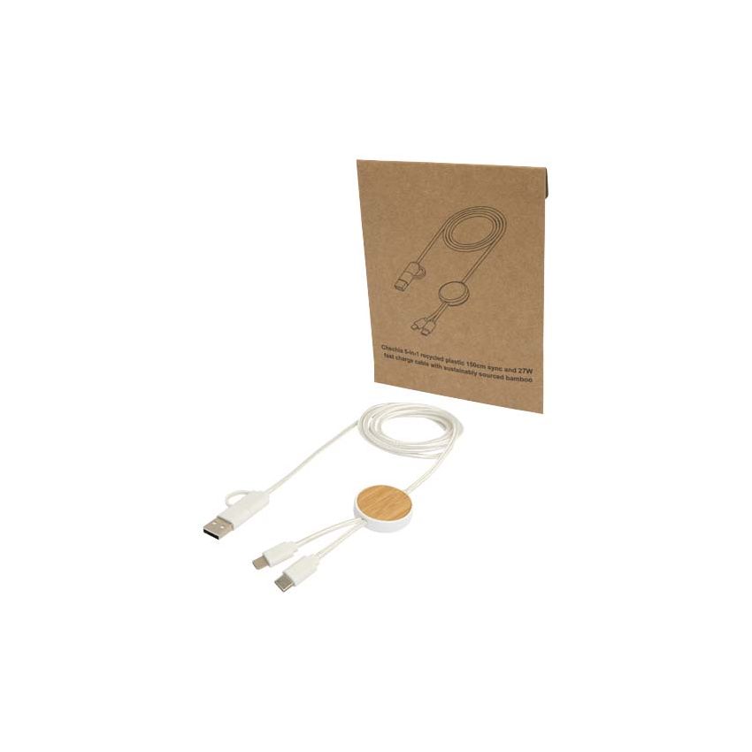 Câble de synchronisation de données et de chargement rapide de 27 W de 150 cm en plastique recyclé 5-en-1 avec détails en bambou 