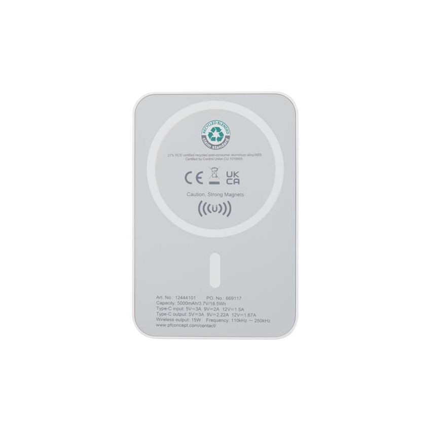 Powerbank magnétique sans fil de 5 000 mAh et 15 W avec PD de 20 W - fabriqué en plastique recyclé 