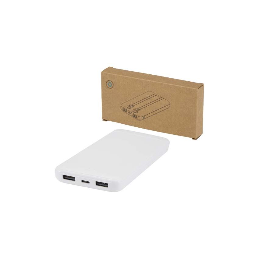 Batterie externe en plastique recyclé de 10 000 mAh et 10 W avec 2 câbles intégrés « Adhil »