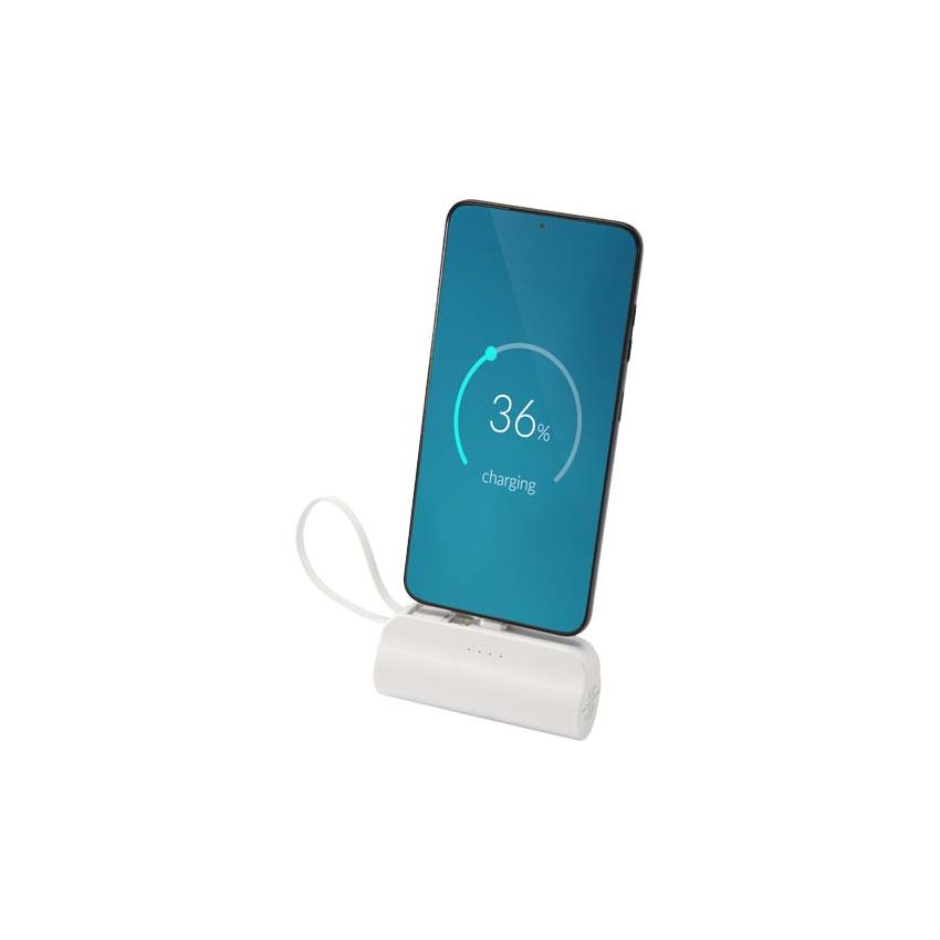 Powerbank USB-C en plastique recyclé de 5 000 mAh et 10 W avec support articulé intégré et câble 2-en-1 