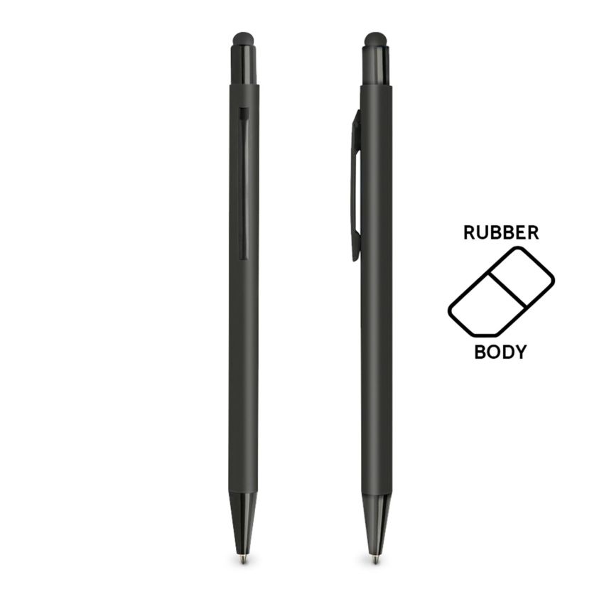 Stylo à bille en aluminium, avec finition en caoutchouc et fonction tactile