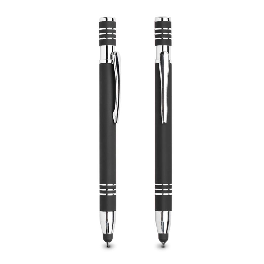 Stylo à bille chromé en aluminium, finition en caoutchouc, avec touche tactile