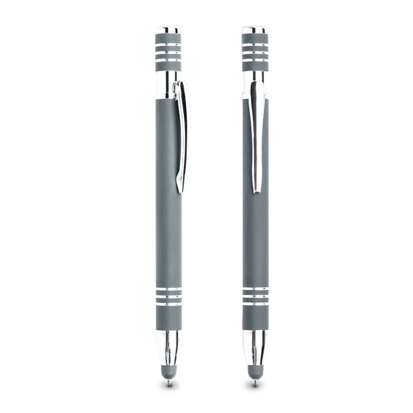 Stylo à bille chromé en aluminium, finition en caoutchouc, avec touche tactile