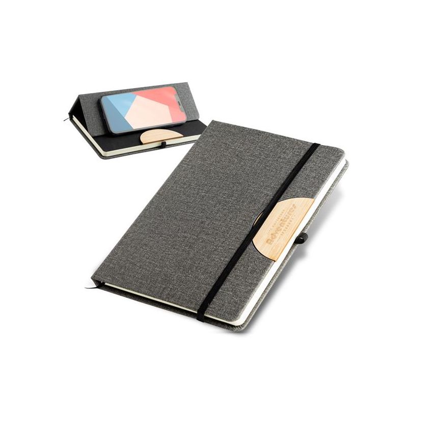 Holderbook Bloc A5 en lin, avec détail en bambou pour support de téléphone portable