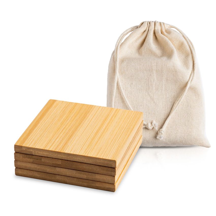 Bamcott Lot de 4 dessous de verre en bambou, avec pochette en coton