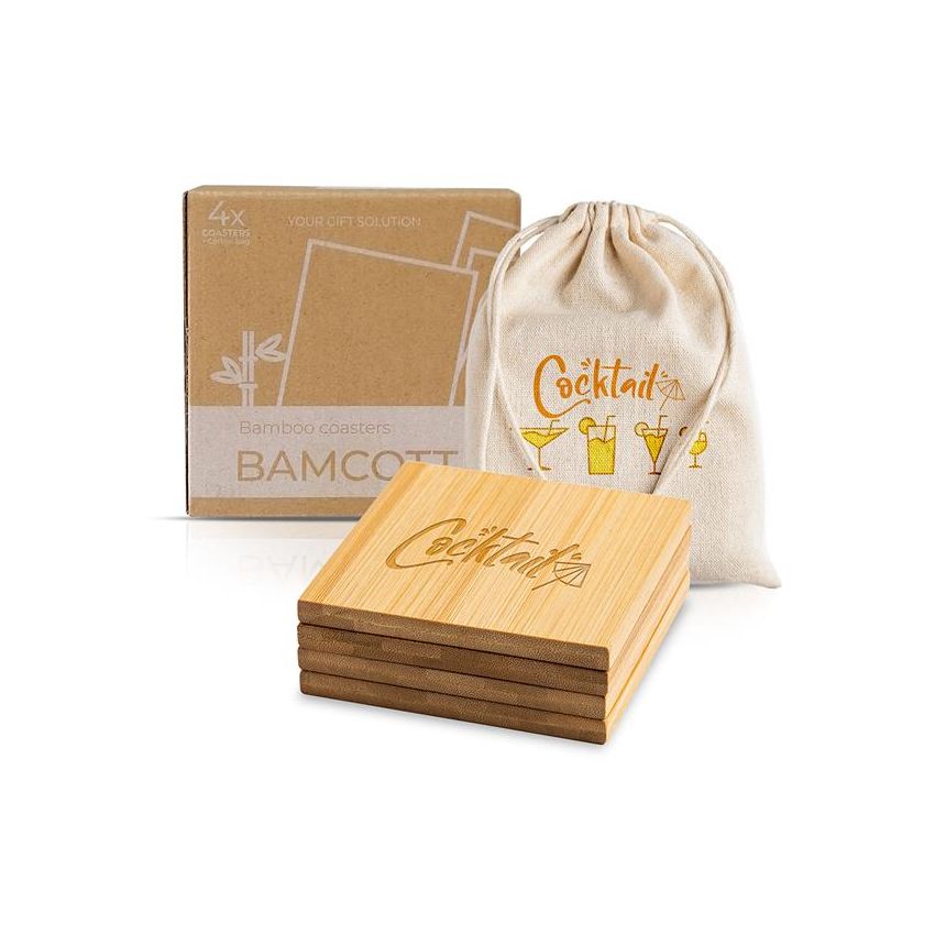 Bamcott Lot de 4 dessous de verre en bambou, avec pochette en coton