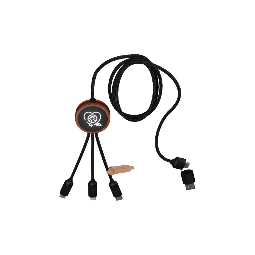 Câble de chargement 40 W à logo lumineux 5 en 1 en RPET avec boîte ronde en bois 