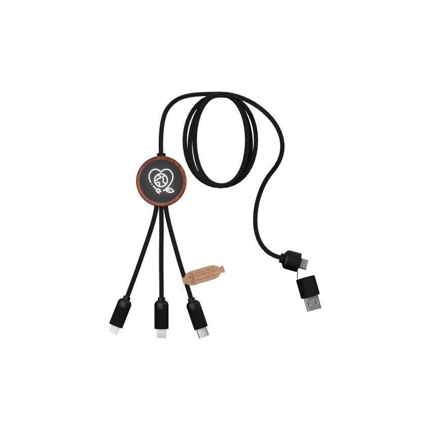 Câble de chargement 40 W à logo lumineux 5 en 1 en RPET avec boîte ronde en bois 
