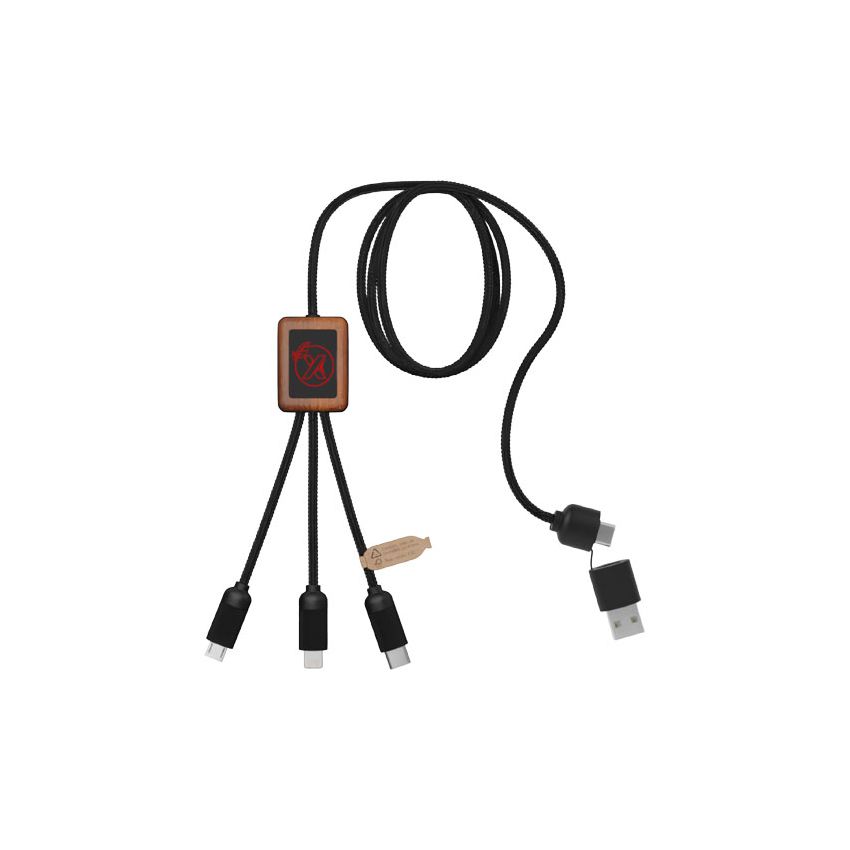 Câble de charge 40 W à logo lumineux RPET 5-en-1 avec boîtier carré en bois