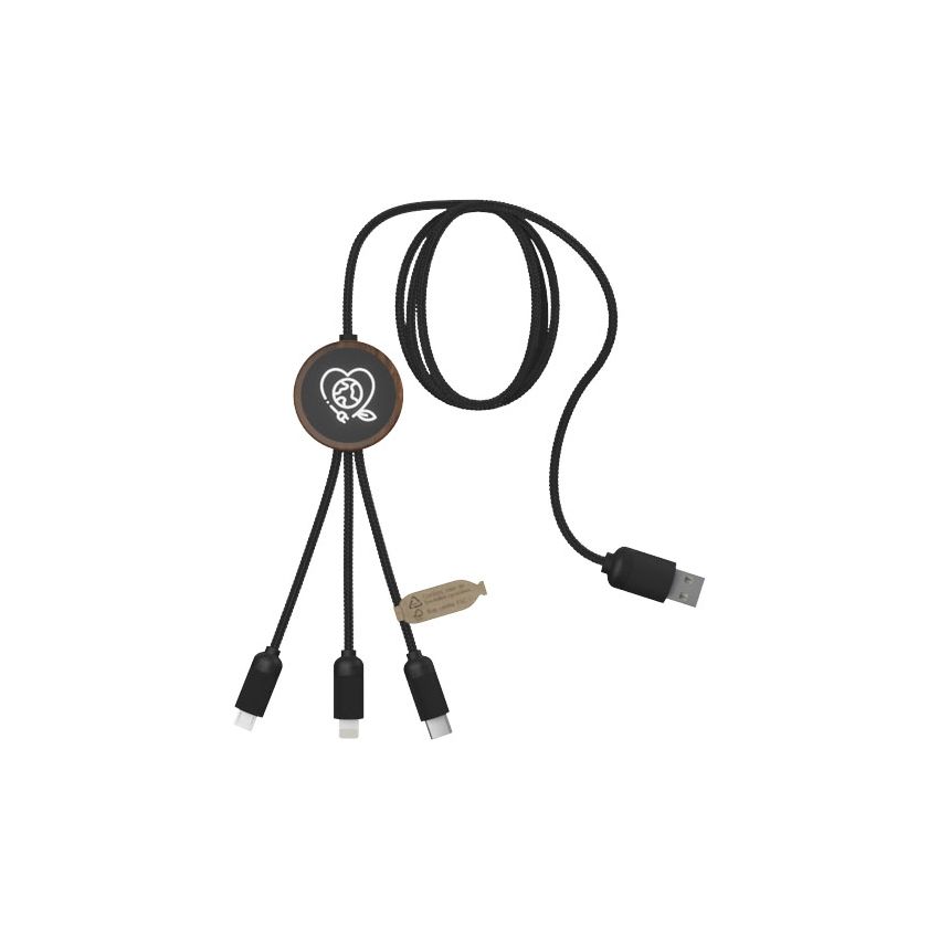 Câble de chargement amélioré avec logo lumineux 3 en 1 en RPET avec boîtier rond en bambou 