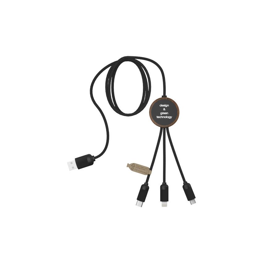 Câble de chargement amélioré avec logo lumineux 3 en 1 en RPET avec boîtier rond en bambou 