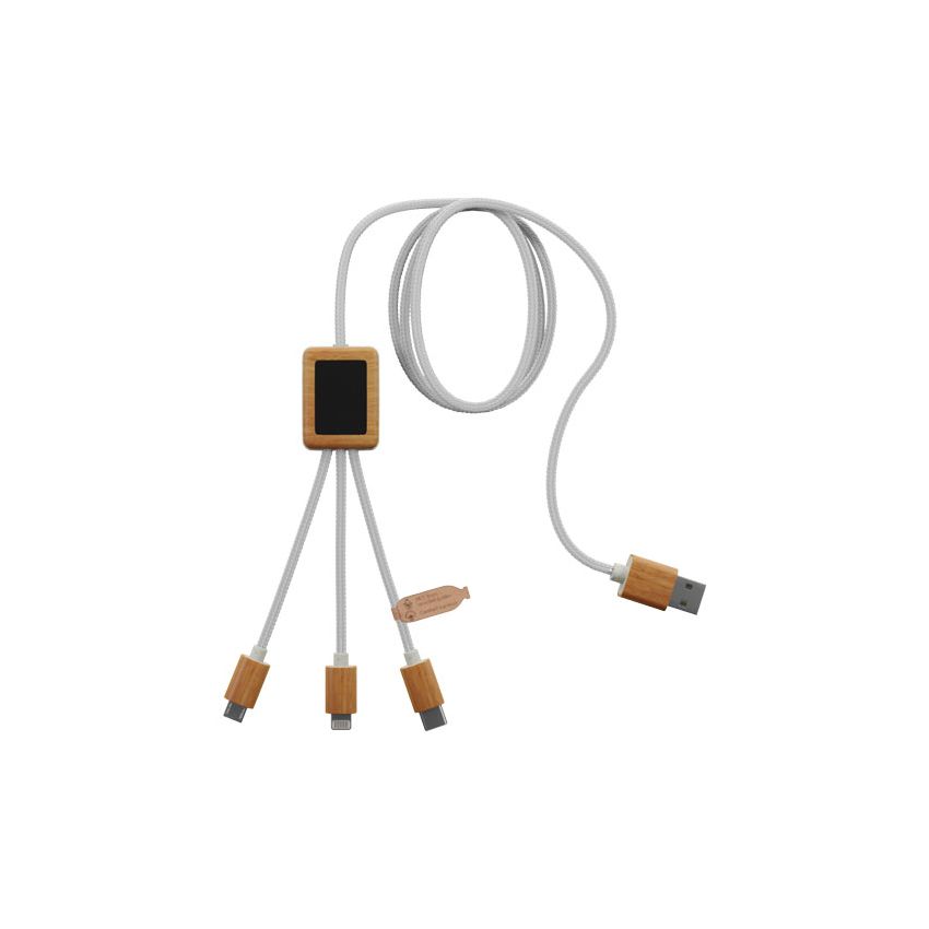 Câble de chargement lumineux RPET 3-en-1 avec boîtier carré en bambou