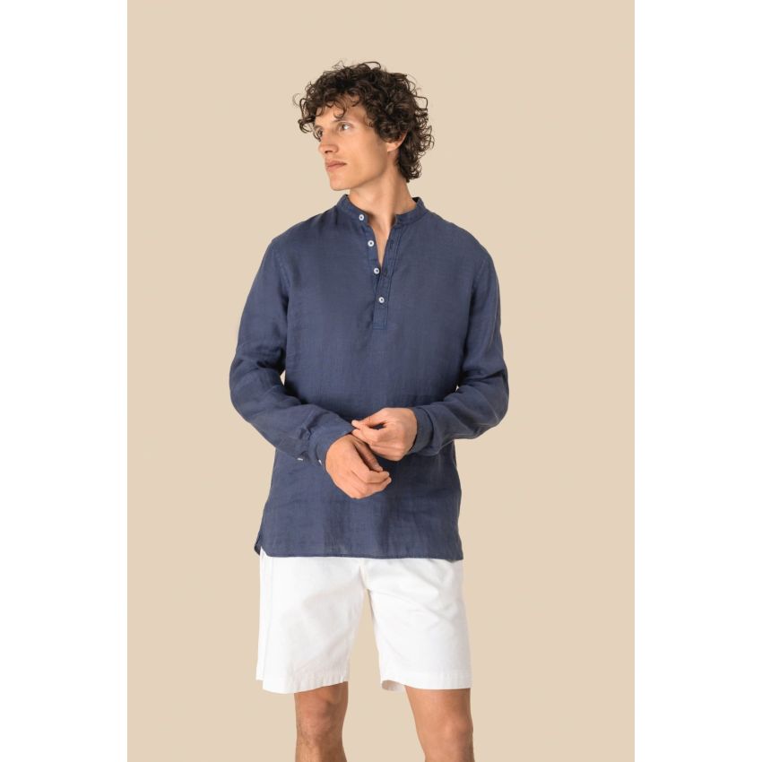 Chemise à col mao aspect lin lavé pour homme