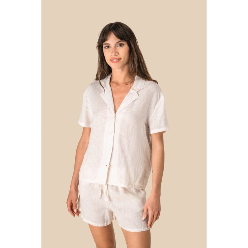 Chemise manches courtes en lin avec col bowling pour femme